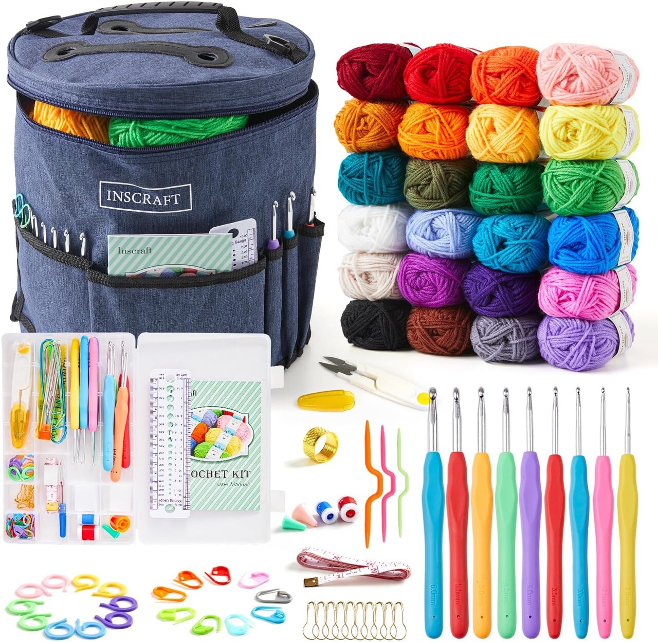 Beginner Crochet Kit for Adults – 24-Color Yarn Set with Hooks, Tools & Durable Bag – Perfect for Amigurumi, DIY Crafts, and Knitting Projects